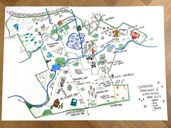 Dit is de plattegrond die de kinderen tekenden: hoe zou Montfoort er klimaatneutraal uitzien? 